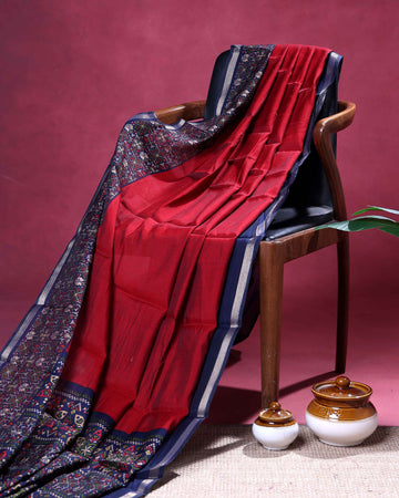 Elegant Semi Chanderi Saree with a Plain Body and Floral Inspired Border Border - Red