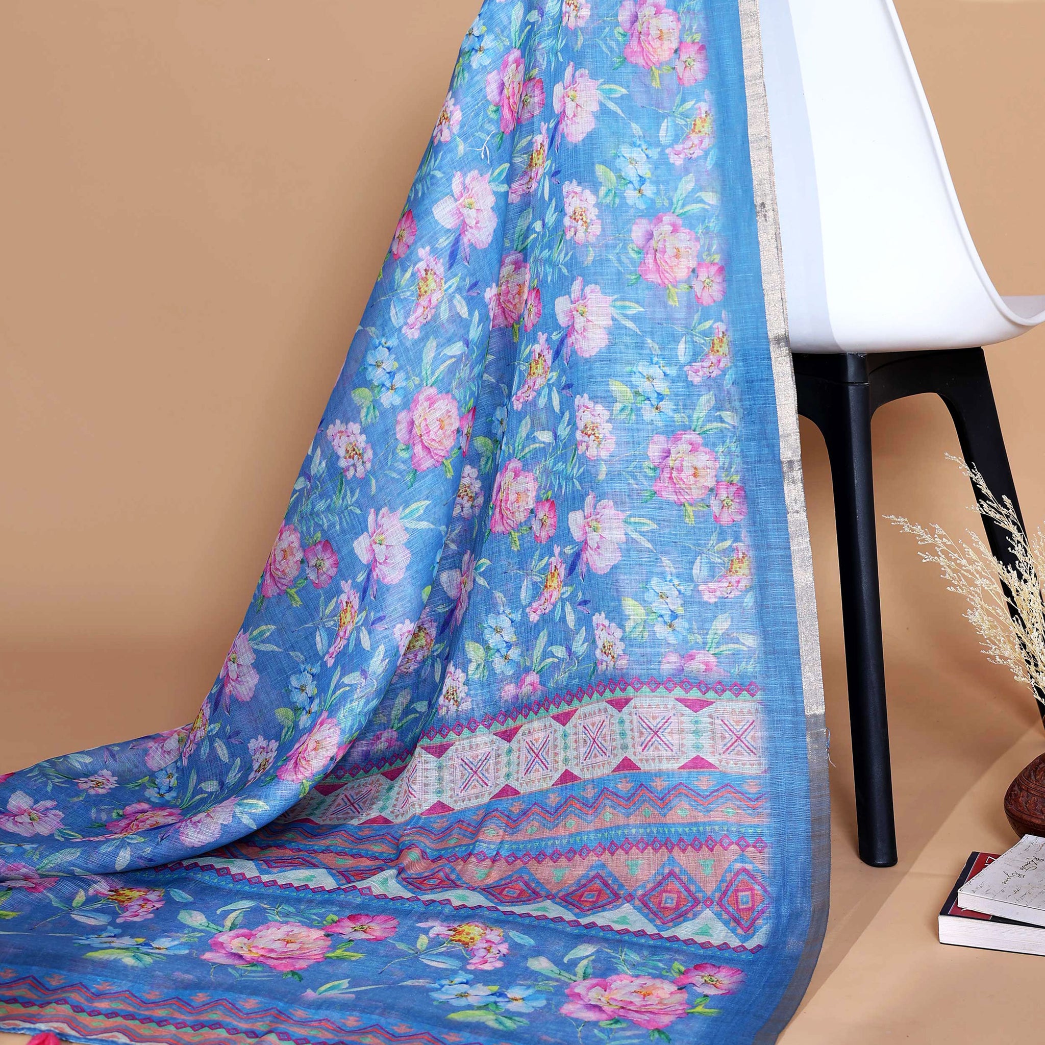 Ethnic Blue Linen saree with Multi-color Paisley and Floral Design