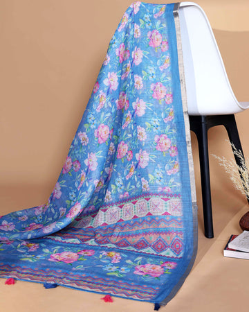 Ethnic Blue Linen saree with Multi-color Paisley and Floral Design