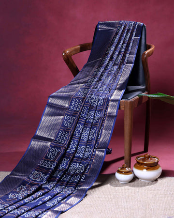 Elegant Dola Silk Saree with Traditional Square Buta Motif Pattern and Intricately Woven Ornamental Zari Border - Navy Blue