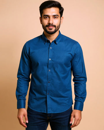 Men's Nativebull Brand Solid Casual Full Sleeve Shirt - Blue
