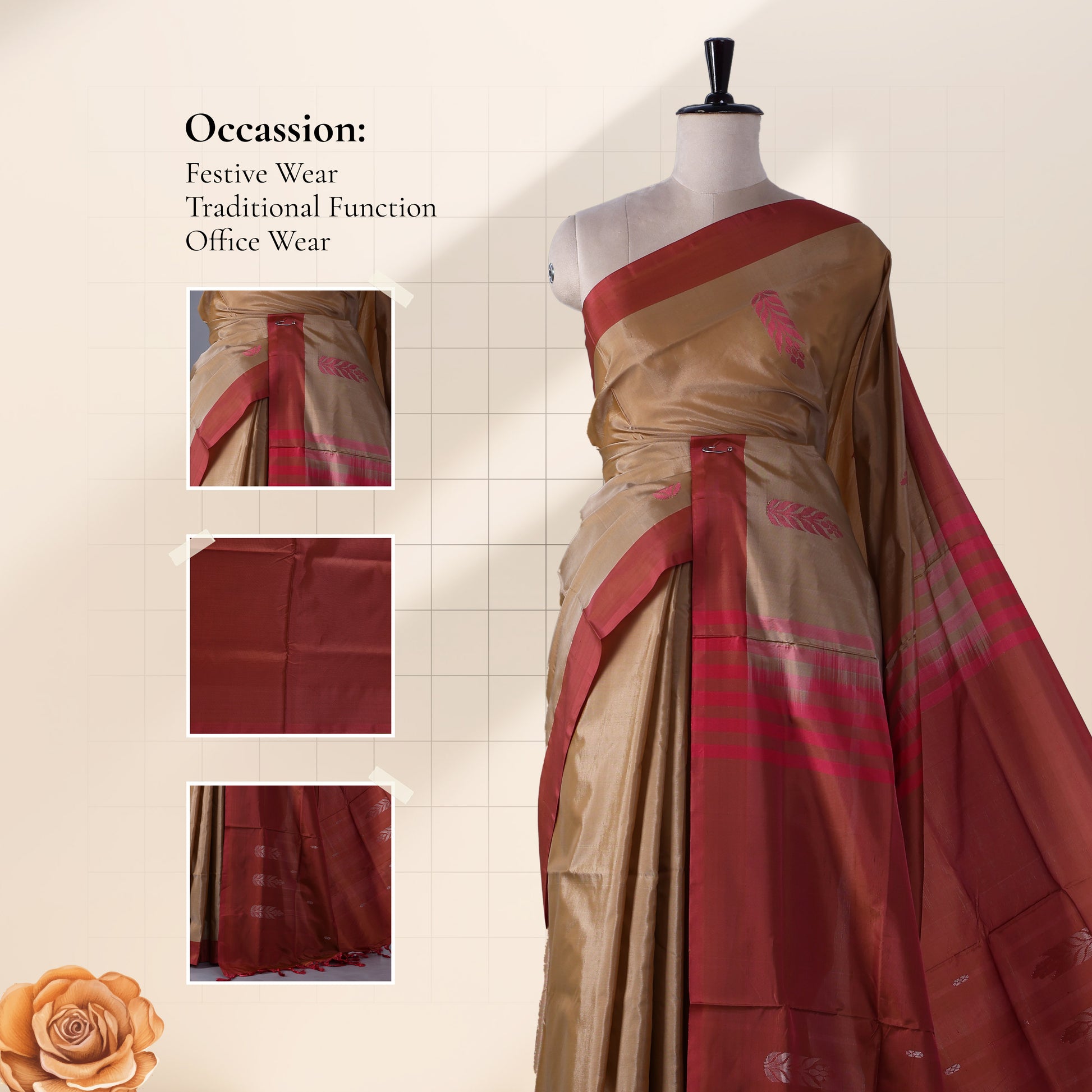 Banana Pith Saree in Brown with Red Pallu and Intricate Gold Zari Border