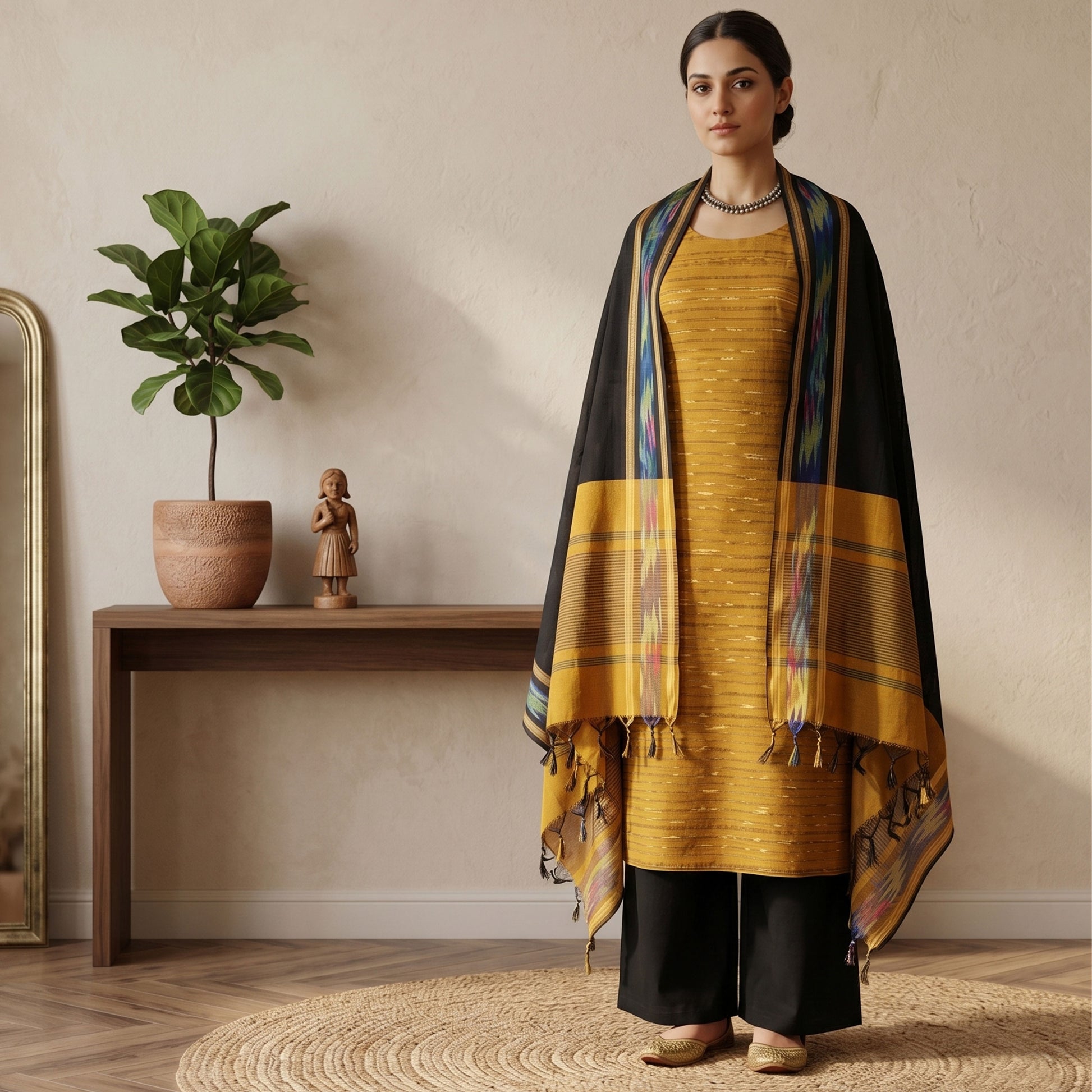 Mustard Cotton Salwar Material With Striped Weave Black Dupatta And Striped Border Front View