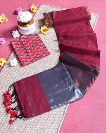 Traditional Khadi Cotton Saree with Woven Border and Contrast Printed Blouse Piece - Maroon