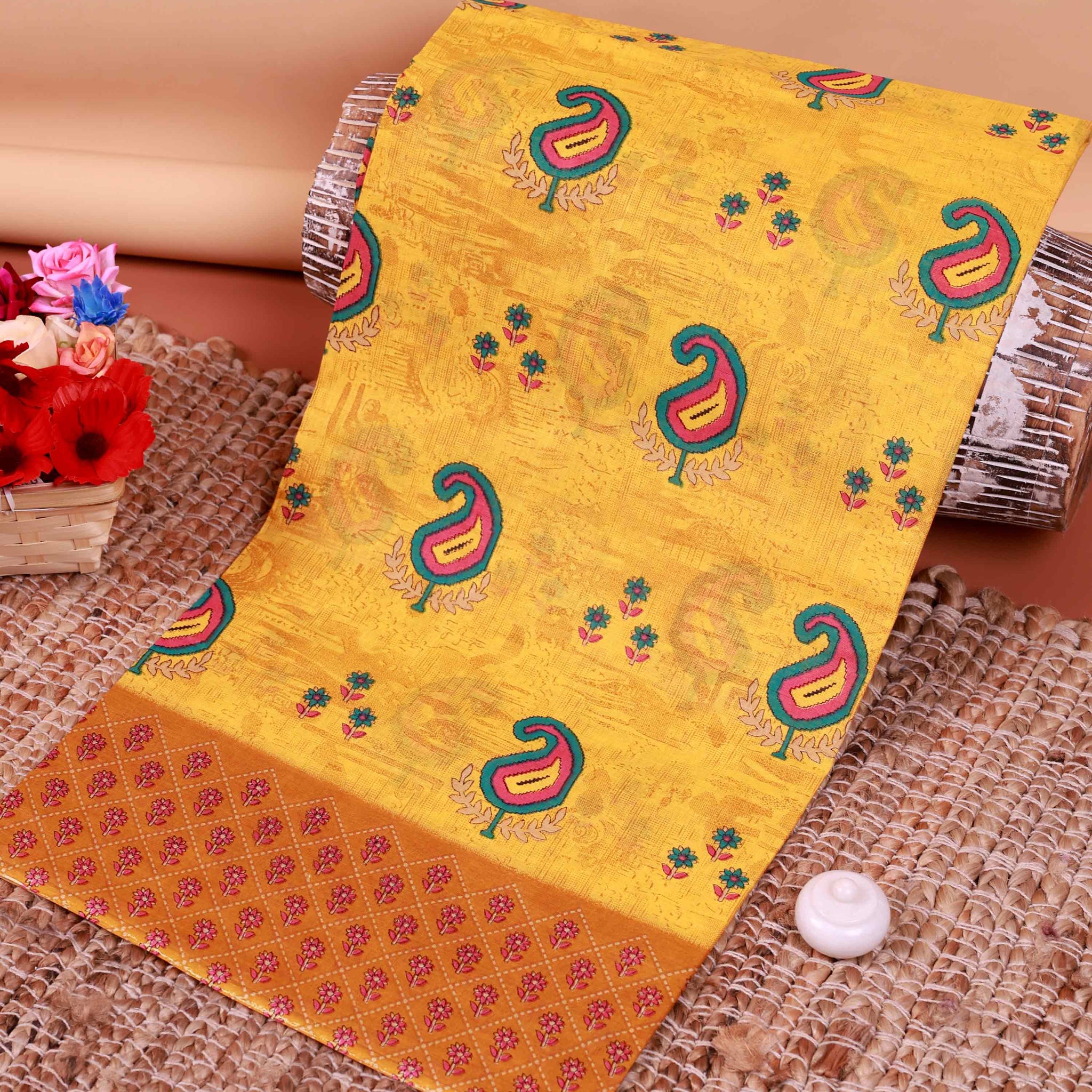All-Over Floral Printed Voile Saree with Intricate Contrast Border – Yellow