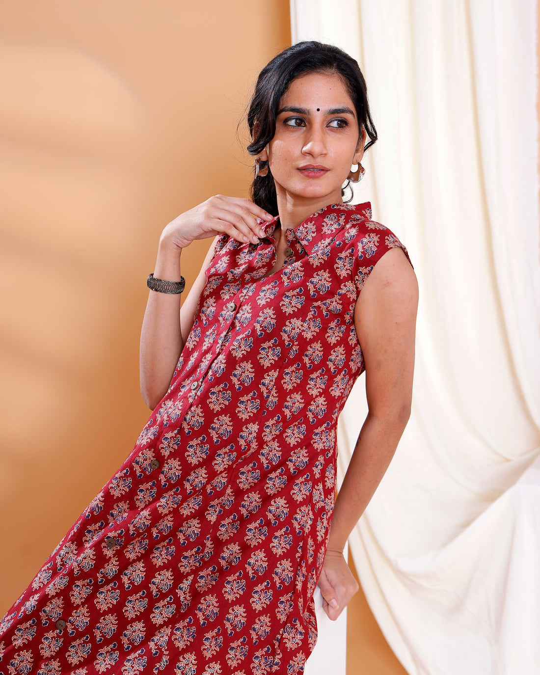 Red Floral Printed A-Line Kurta with Round Neck and Button Detailing
