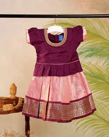 Classic Kids Pattu Pavadai Readymade a Traditional Ethnic Gown with Zari Border & Puff Sleeves  - Burgundy