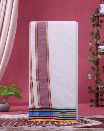 Traditional Men’s Handloom Cotton Dhoti  9*5 Meter with Elegant Multi Border - Off White