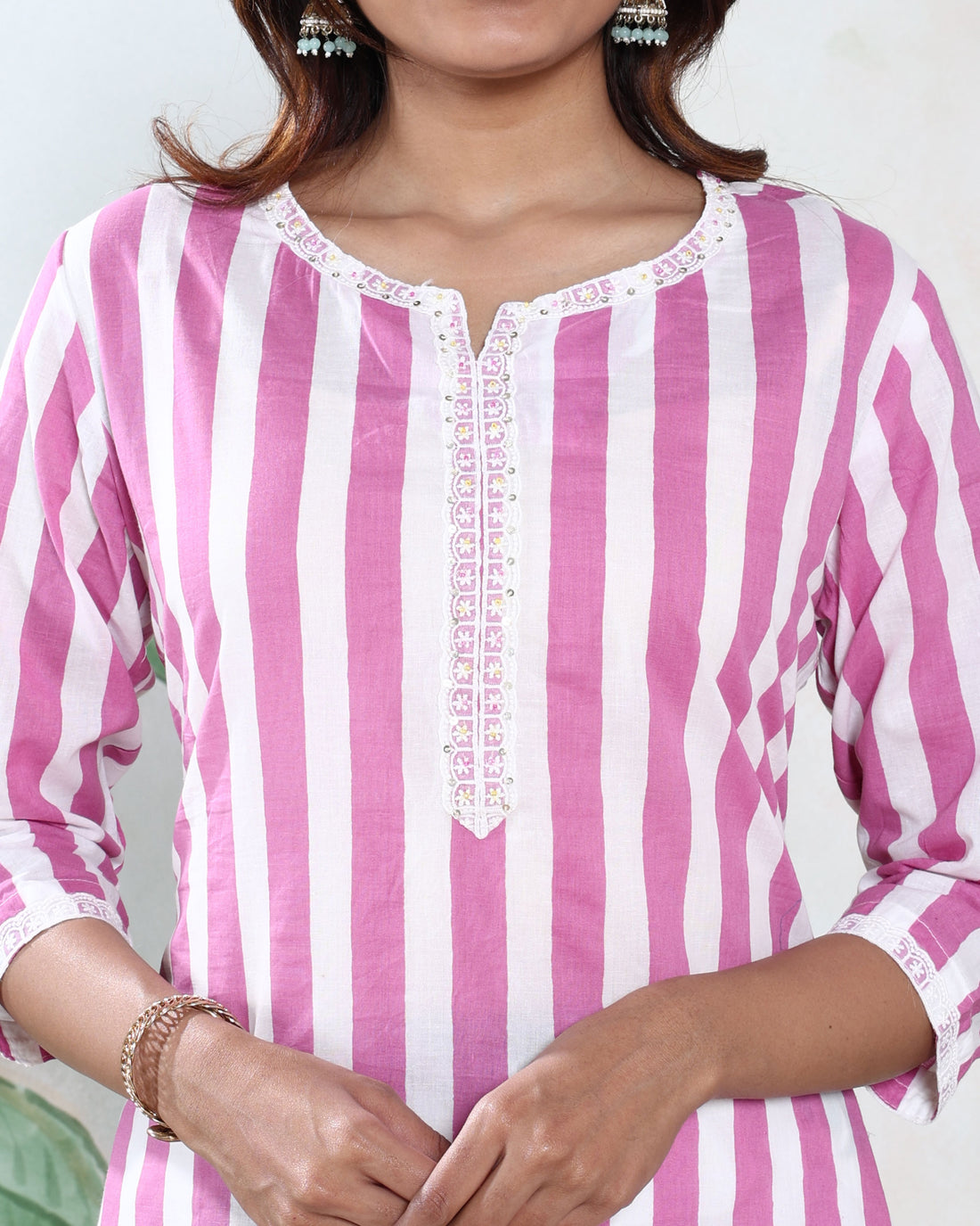 Women’s Striped & Floral Printed Readymade Salwar Suit Set with Straight Kurta Printed Pants and Matching Dupatta - Pink & White