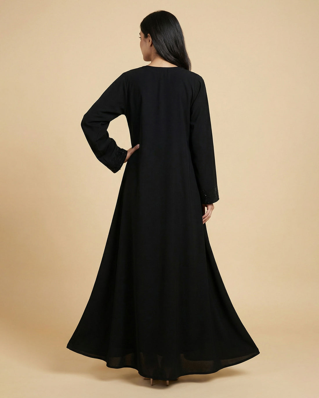 Women’s Classic Full Length Burqa with Subtle Hem and Cuff Embellishment - Black