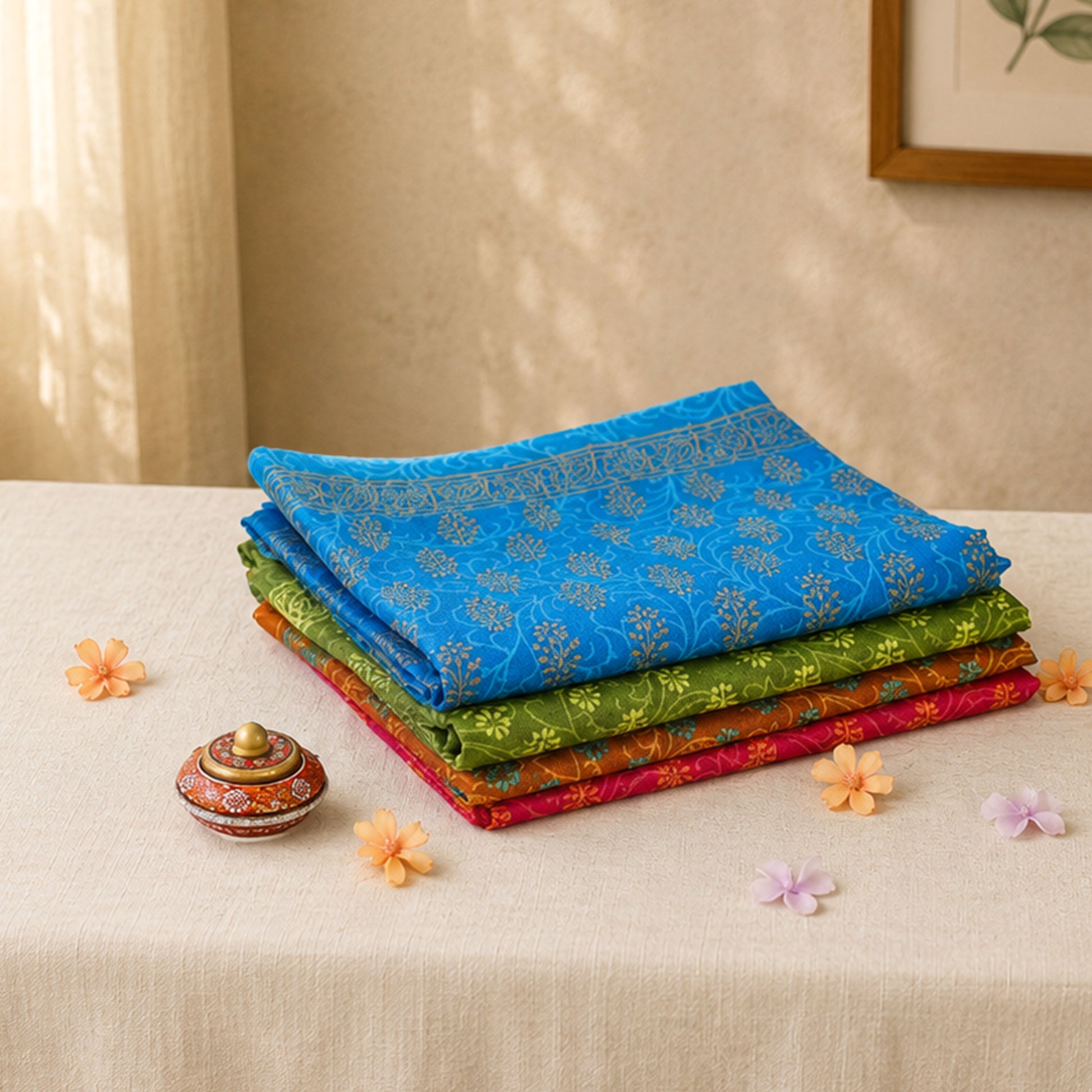 Voile cotton saree collection stack with blue floral print saree on top, folded display view
