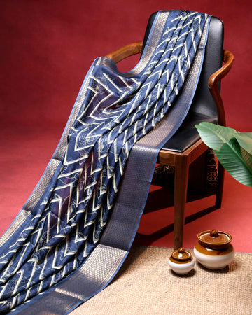 Elegant Dola Saree with Chevron and Floral Inspired Print and Classic Zari Woven Border - Blue