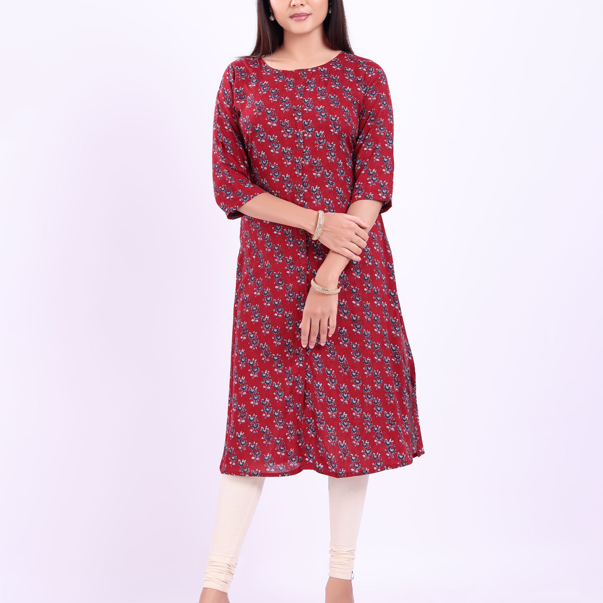 Women's Floral Printed Straight Kurta - Maroon