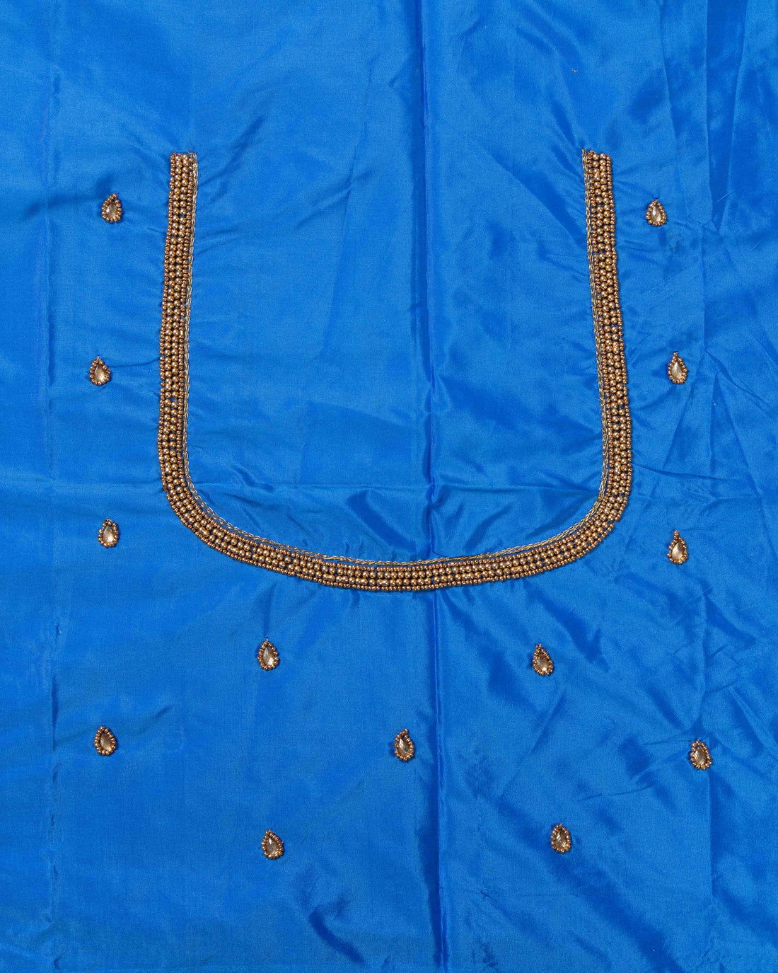 Vibrant Blue Aari Embroidered Unstitched Blouse Material with Paisley & Stone Work  - Blue