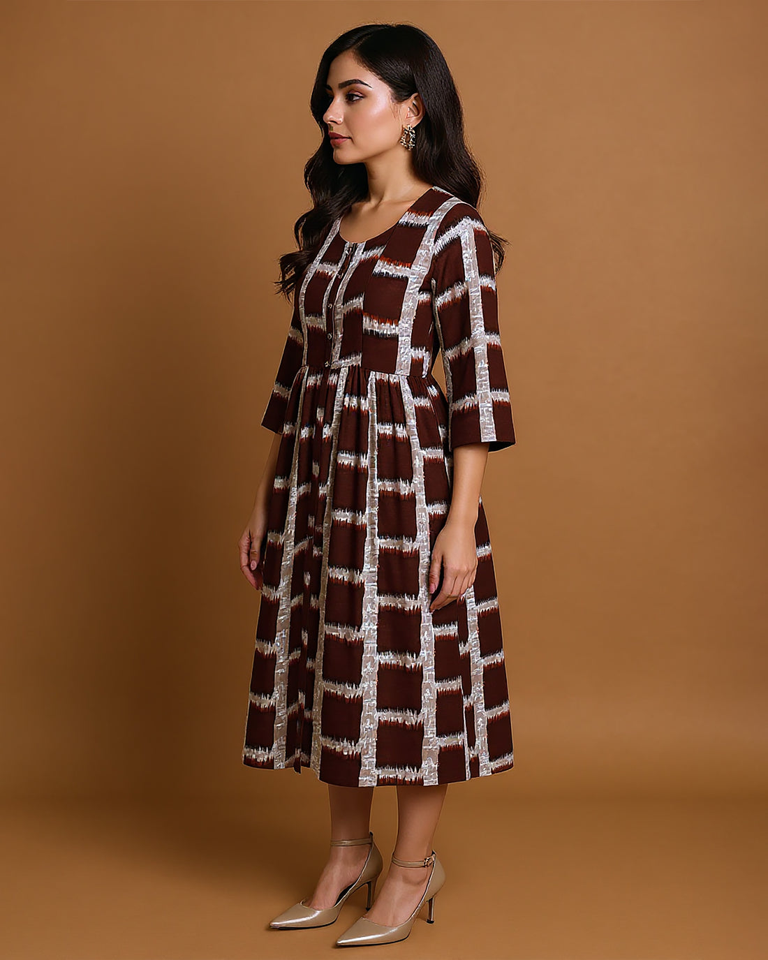 Maternity Wear - Brown Earthy Brown & Beige Block Print Button-Down Feeding Top