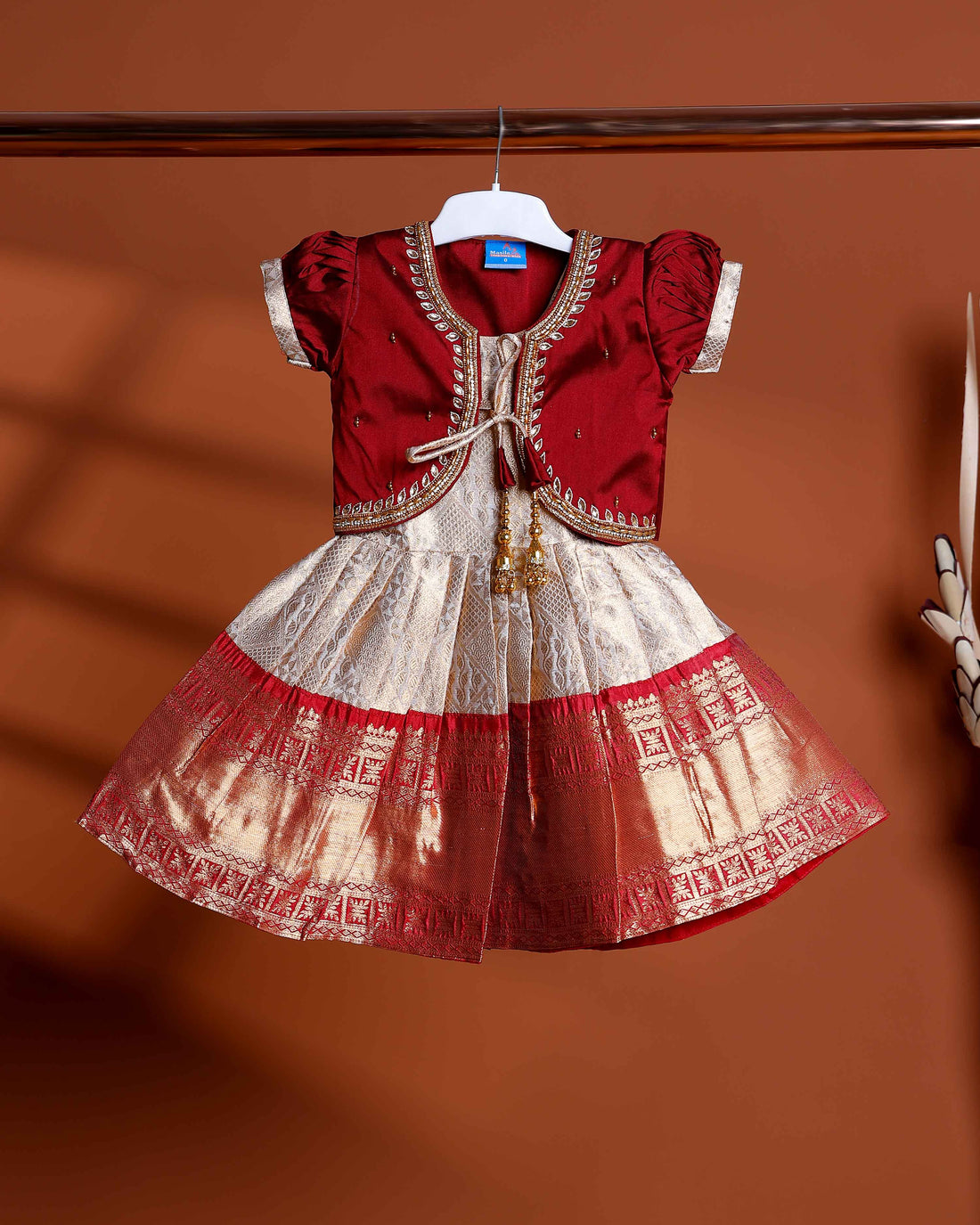 Traditional Kids Readymade Pattu Pavadai with Embellished Jacket - Maroon