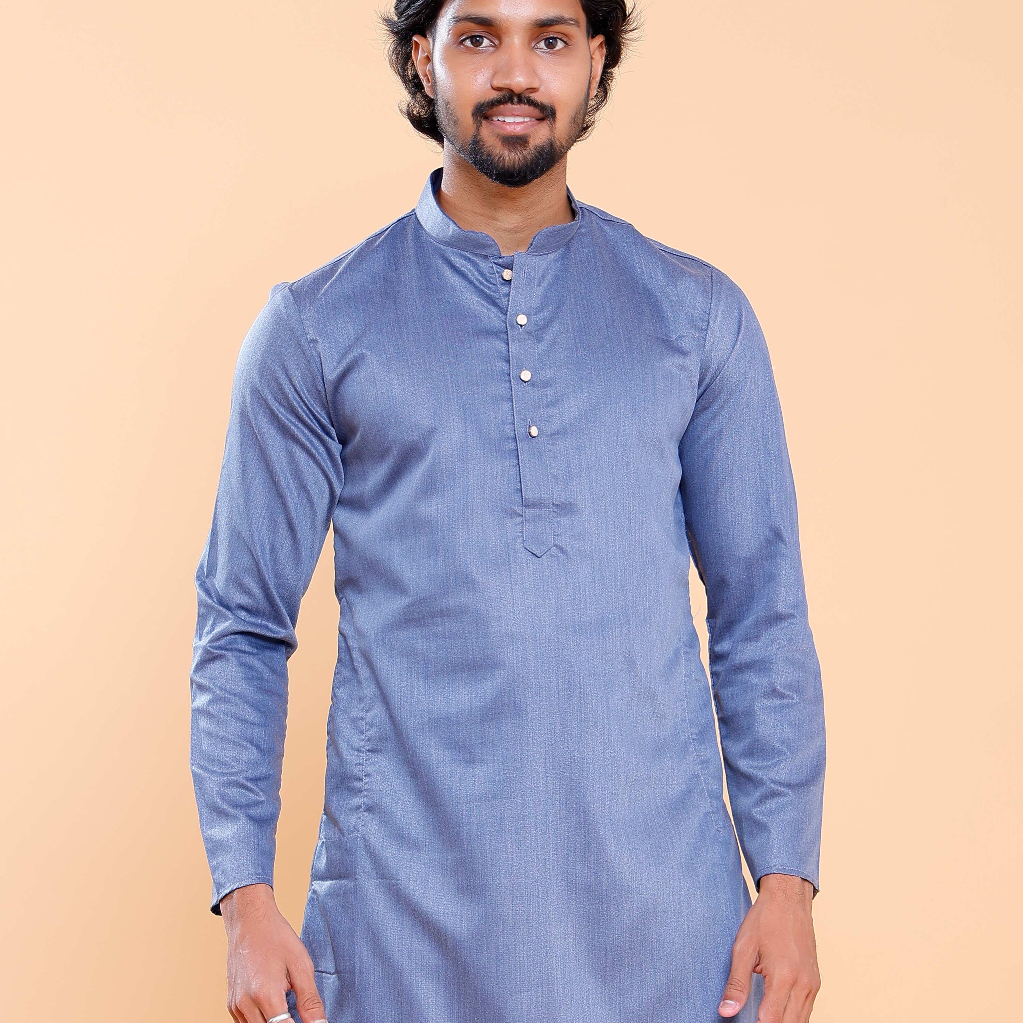 Elegant Men's Solid Mandarin Collar Kurta with Full Sleeves - Blue