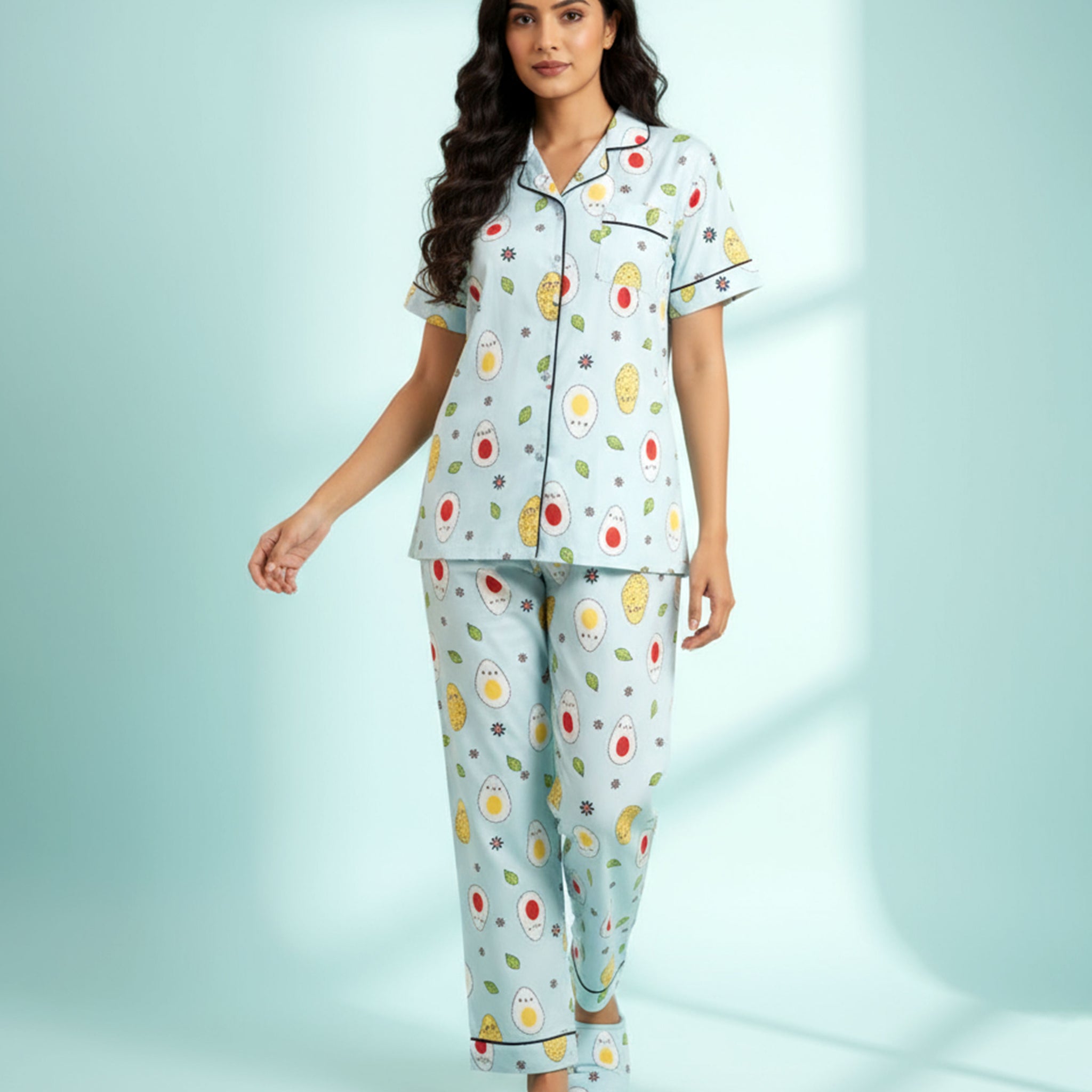Women's Printed Short Sleeve Night Wear - Blue