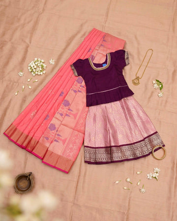 Celebration Wear Mom Daughter Matching Silk Saree and Pavadai Set