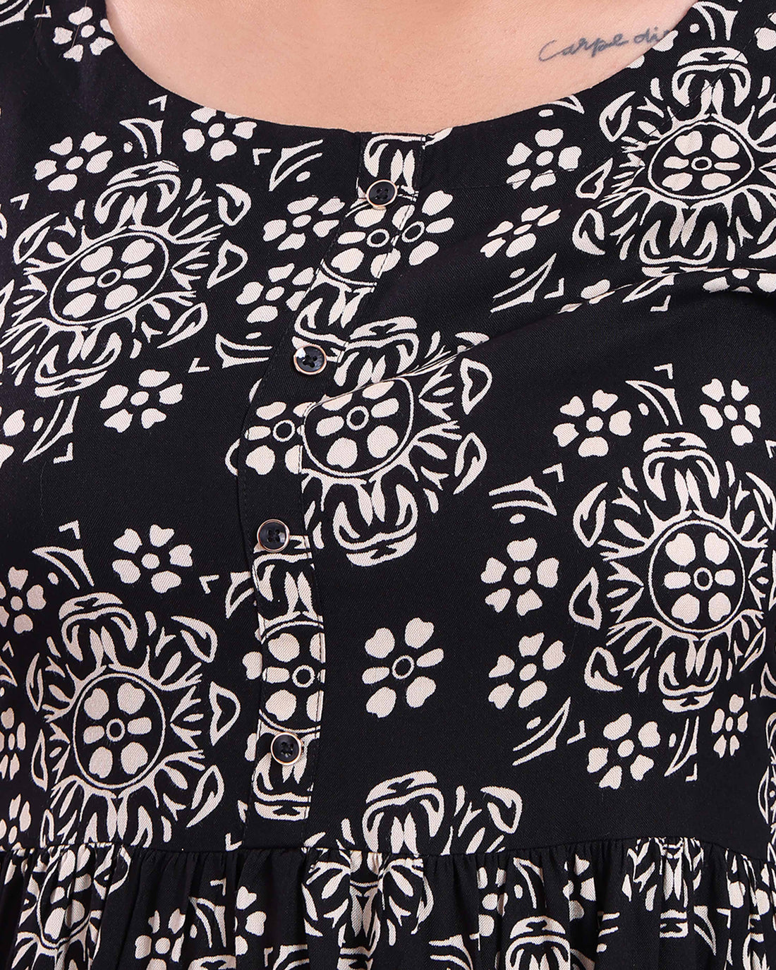 Women's Elegant Floral Printed Flared Kurta - Black