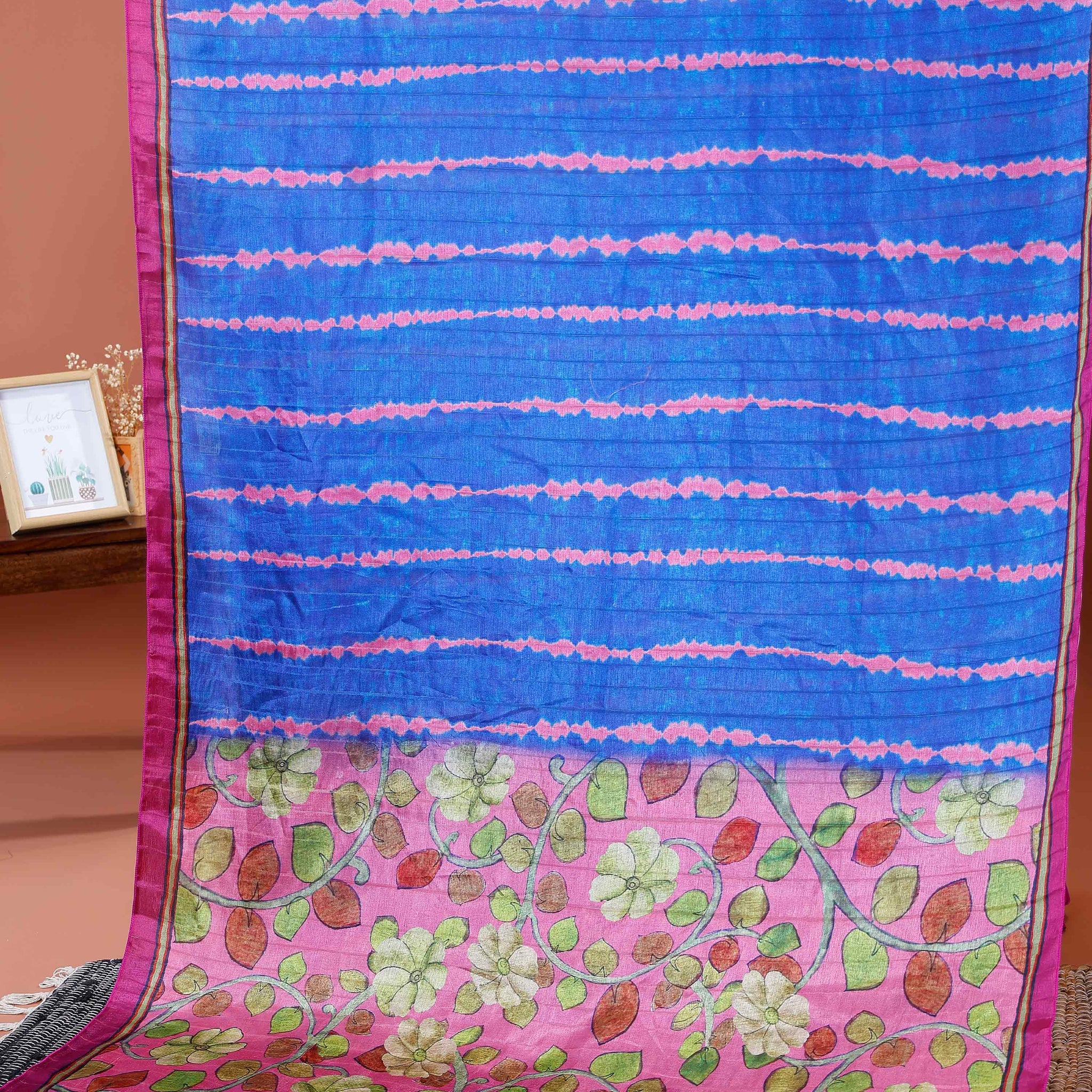 Elegant Semi Tussar Silk Saree with Intricate Nature-Inspired Patterns and Textured Stripes - Blue