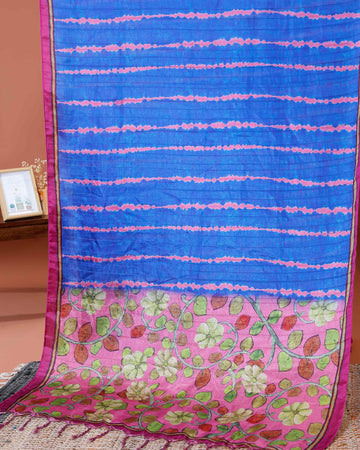 Elegant Semi Tussar Silk Saree with Intricate Nature-Inspired Patterns and Textured Stripes - Blue