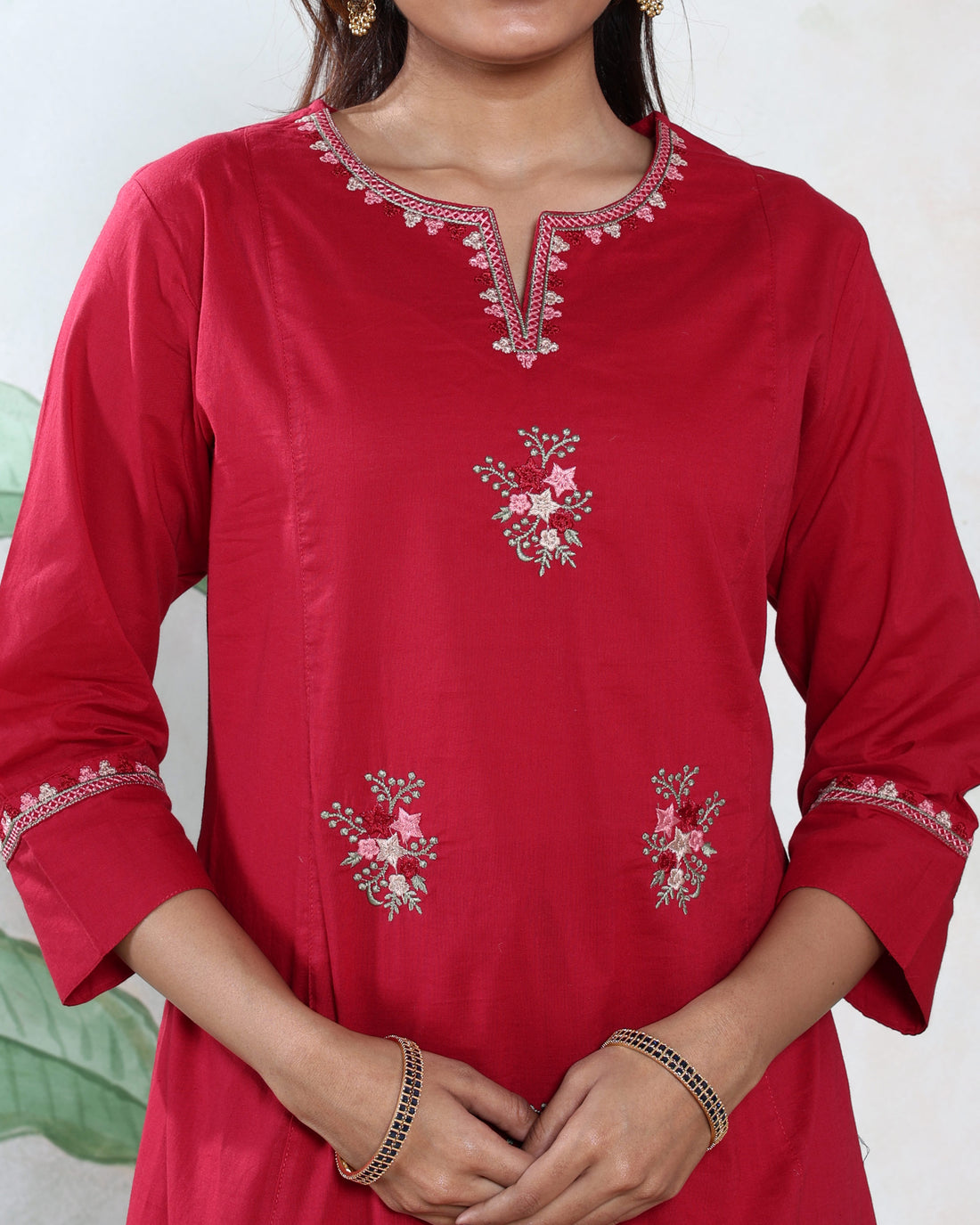 Women’s Embroidered Straight-Cut Kurta with Matching Pants and Dupatta - Red