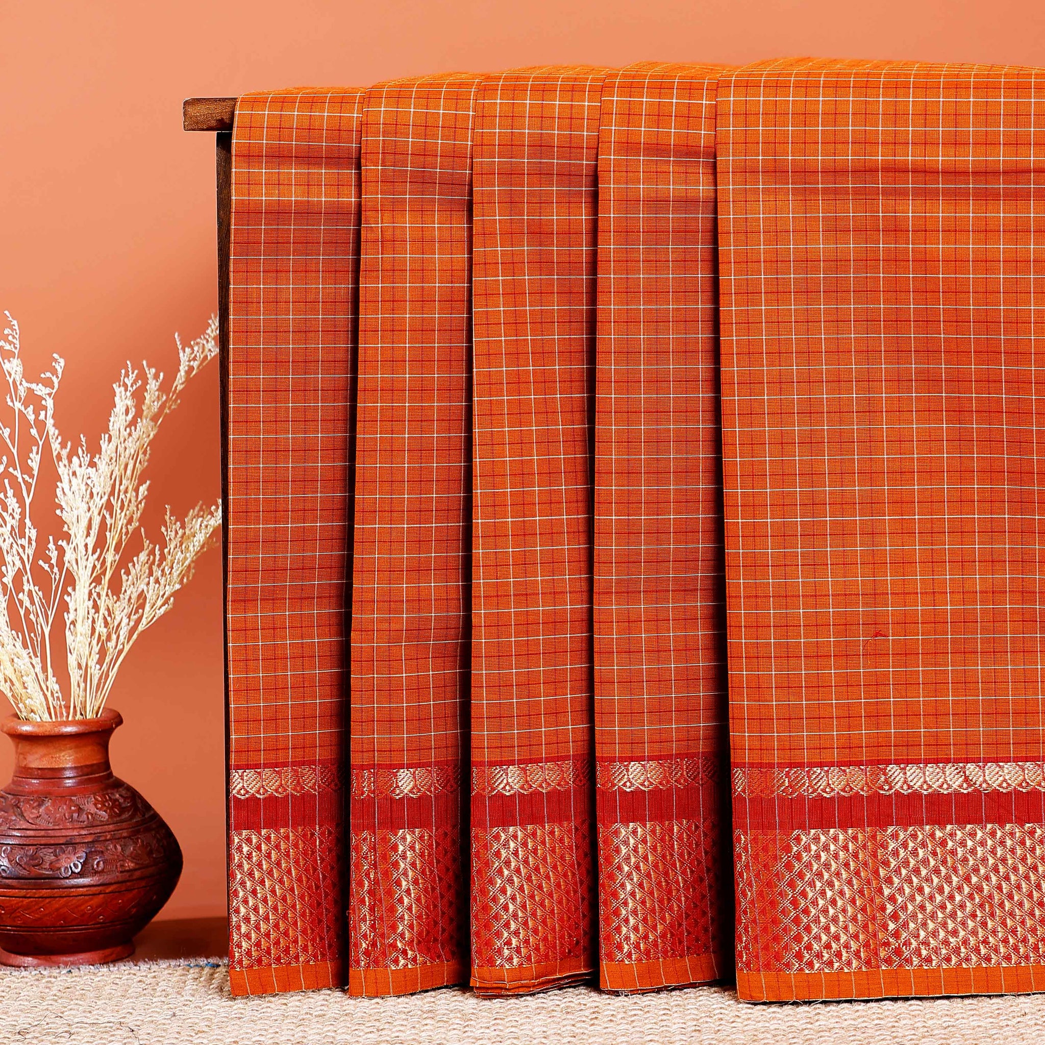 Chettinad Cotton Saree with Checked Pattern and Zari Woven Border - Mustard