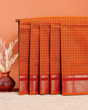 Chettinad Cotton Saree with Checked Pattern and Zari Woven Border - Mustard