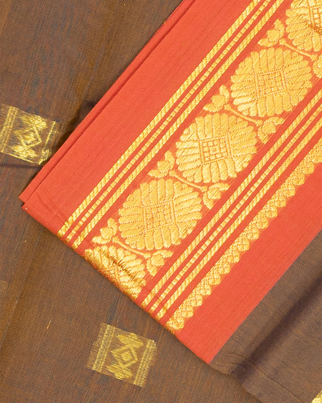 Venkatagiri Cotton Saree with Zari Butta and Rich Contrast Border -  Brown