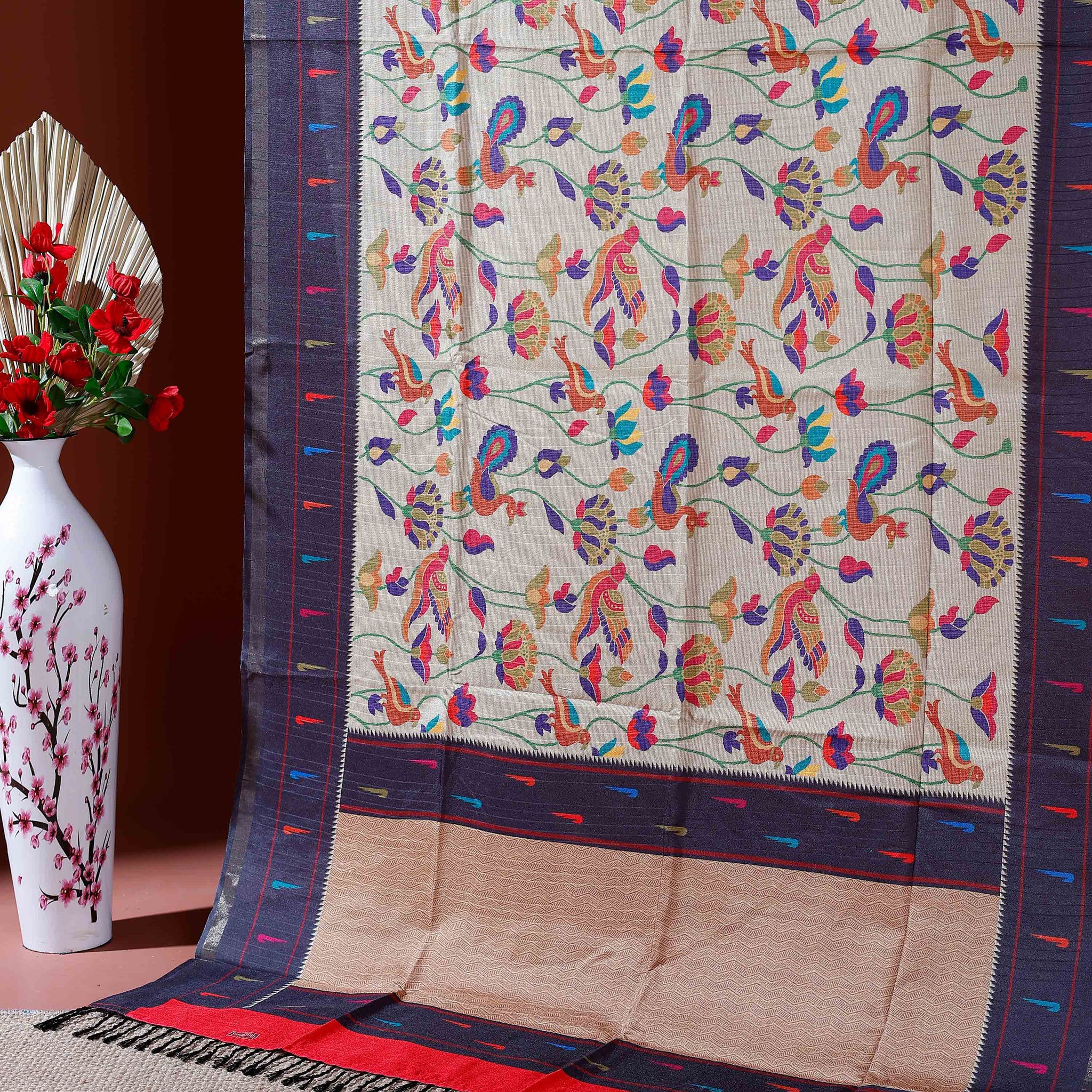 Traditional Kota Cotton Saree with Intricate Floral and Paisley Weaving and Contrast Woven Border - Sandal