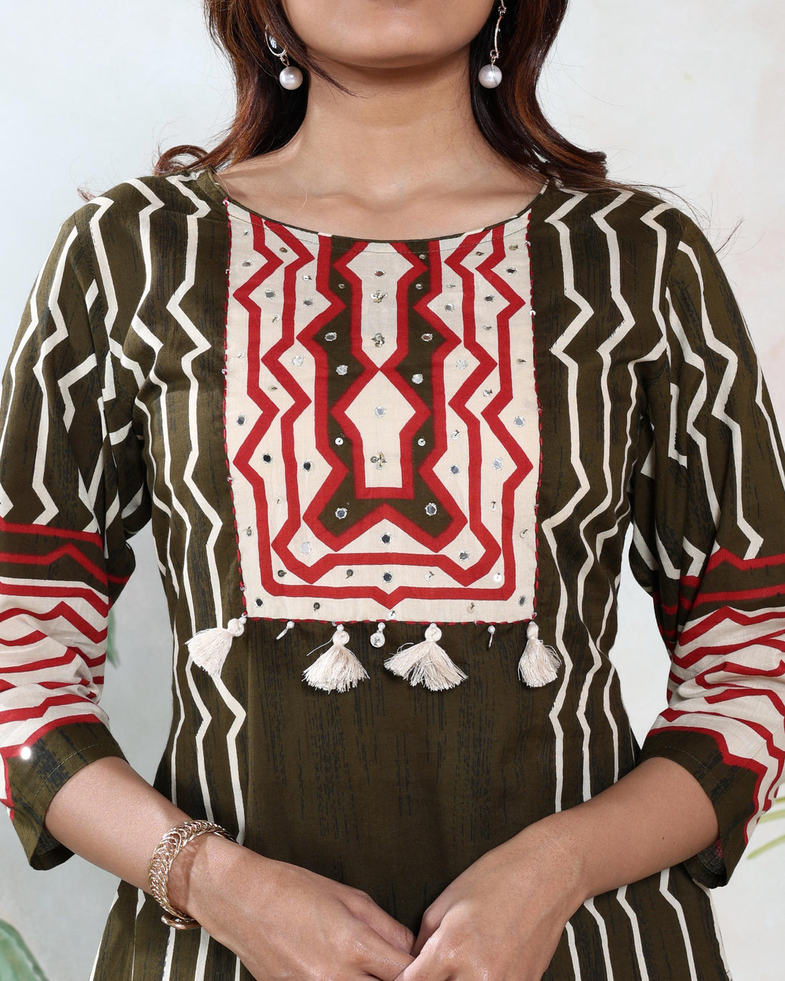 Women’s Geometric Zigzag Printed Salwar Suit Set with Straight Kurta, Bottom and Dupatta - Olive Green