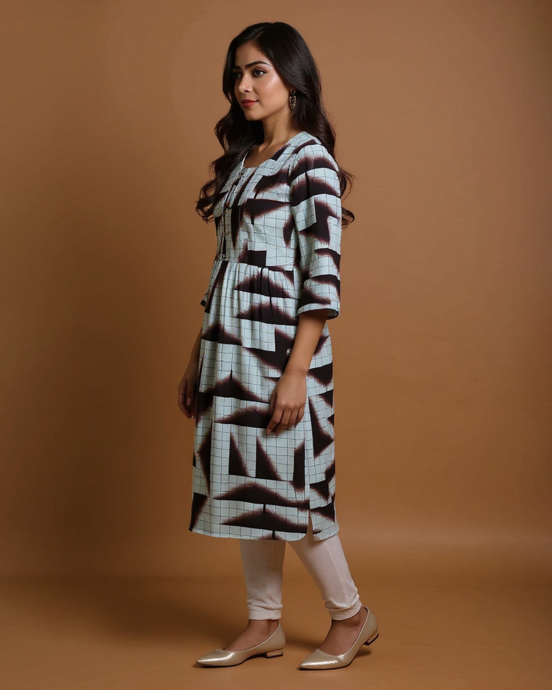 Maternity Wear  - Multi Modern Geometric Grid Print Button-Down Women's Feeding Top