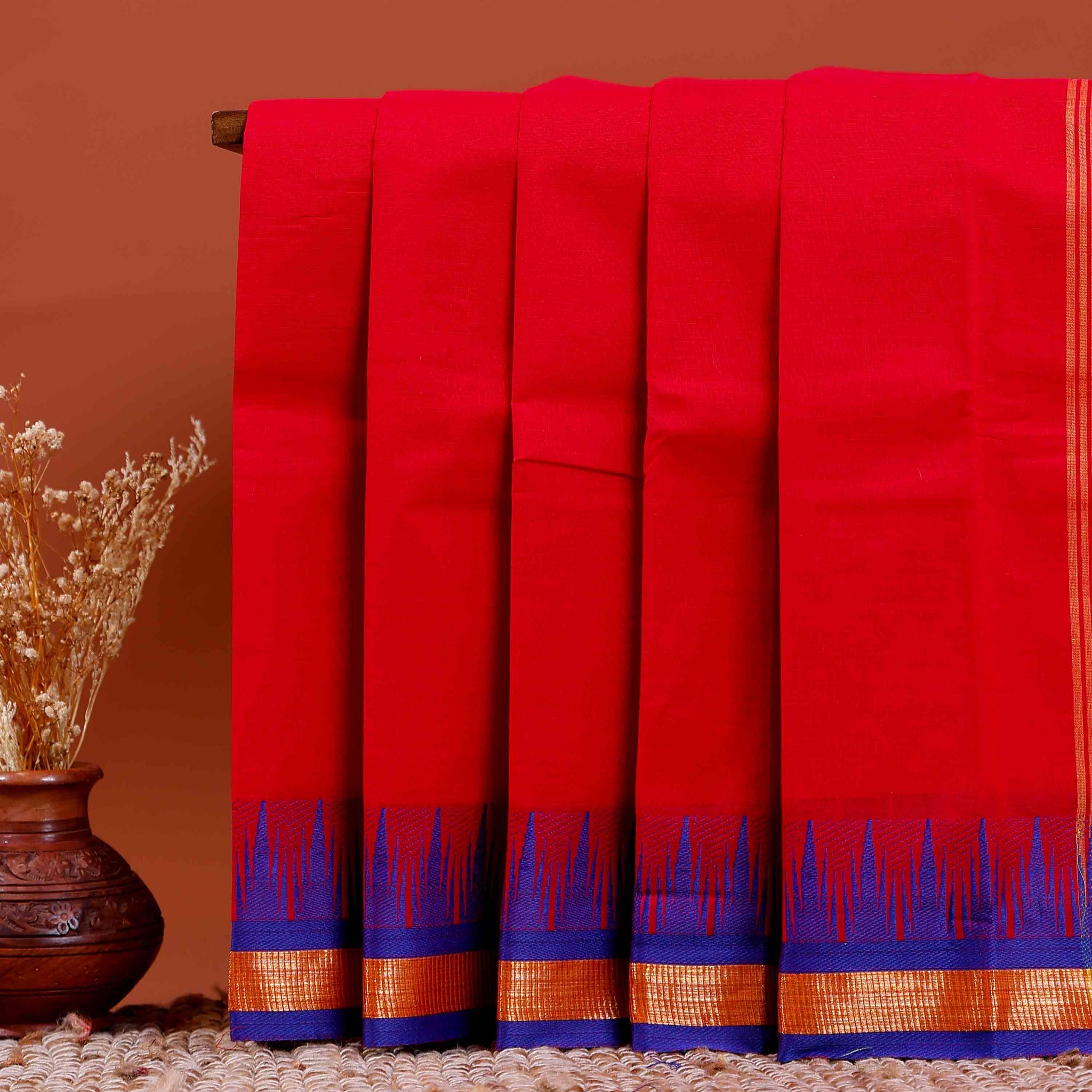 Traditional Chettinad Cotton Saree with Contrast Temple Border and Intricate Zari Detailing - Pink