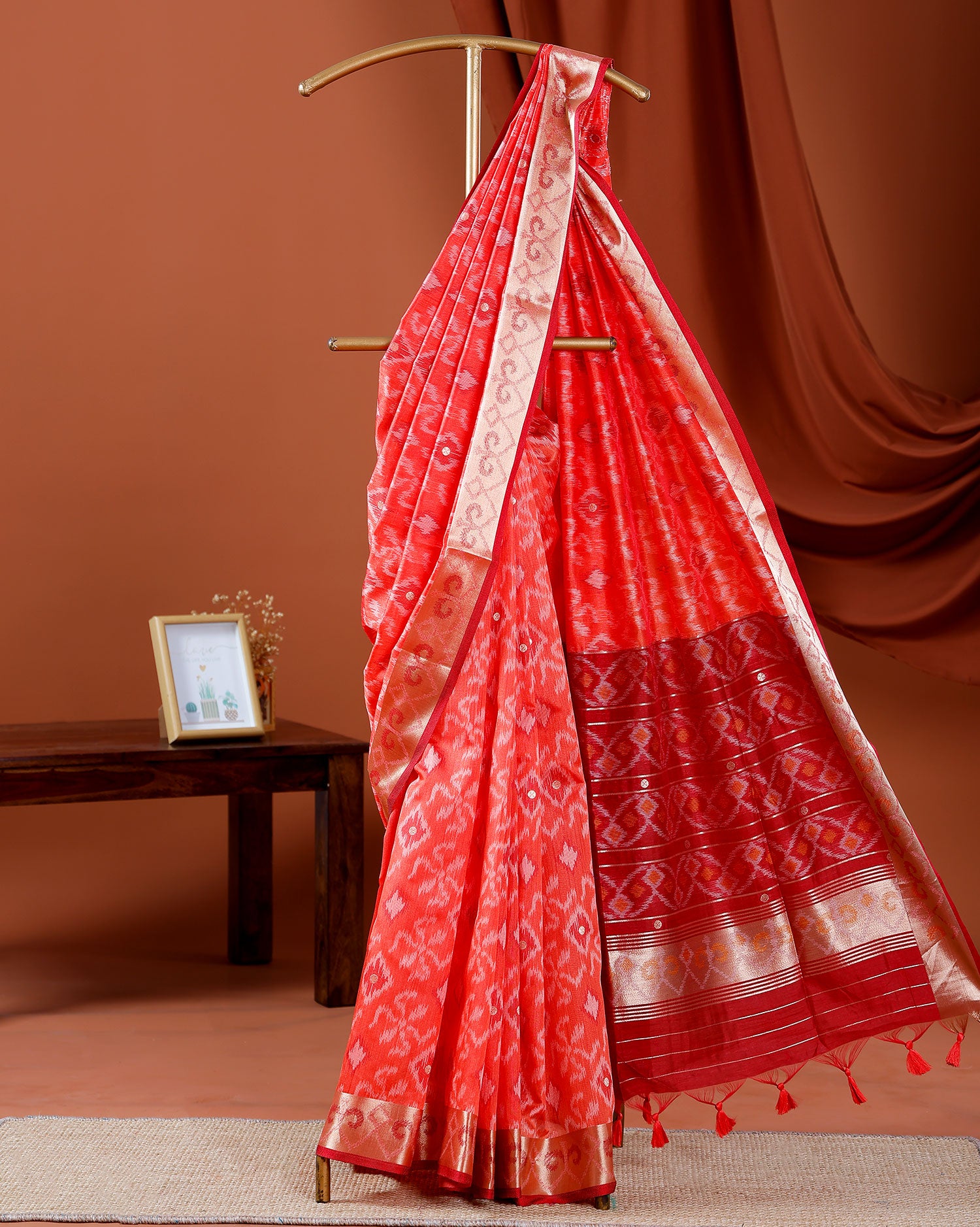 Elegant Ikat Woven Semi Silk Saree with Traditional Zari Border & Pallu - Red