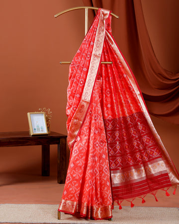 Elegant Ikat Woven Semi Silk Saree with Traditional Zari Border & Pallu - Red