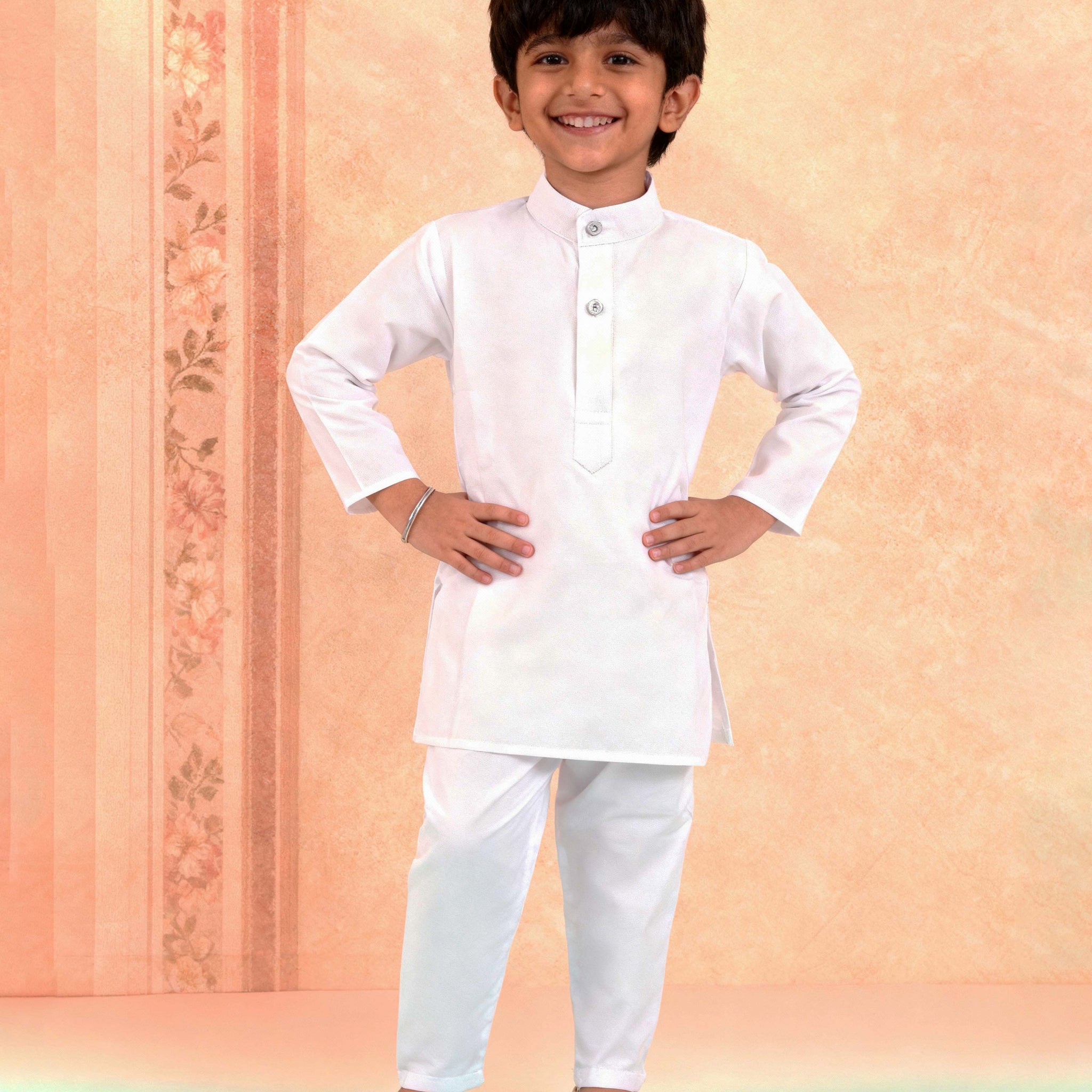 Boys Festive Kurta Set with Mandarin Collar -White