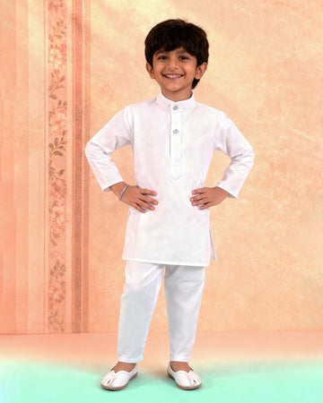 Boys Festive Kurta Set with Mandarin Collar -White