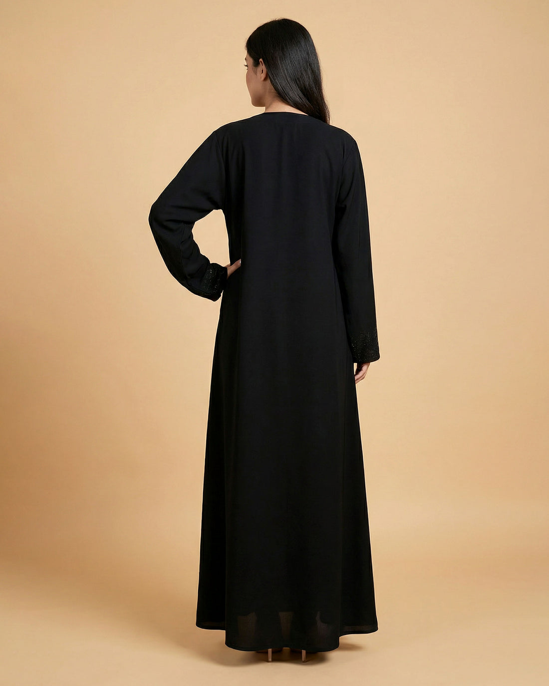 Traditional Women’s Modest Full Length Burqa with Embroidered Hem & Cuff Detailing - Black