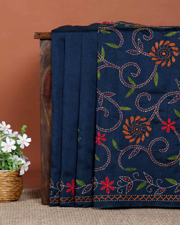 Elegant Hand Embroidered Kantha Work Tussar Saree with Detailed Floral Motifs - Teal Blue