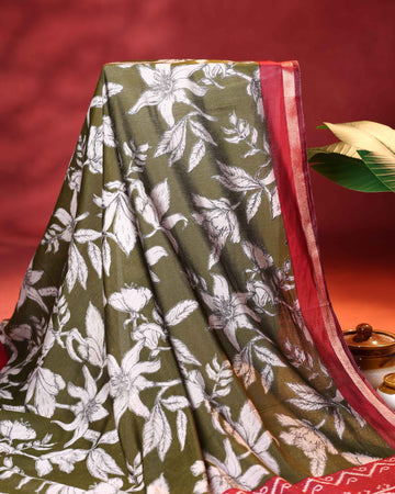 Elegant Semi Chanderi Saree with Exclusive Floral Motifs and Zari Border - Olive Green