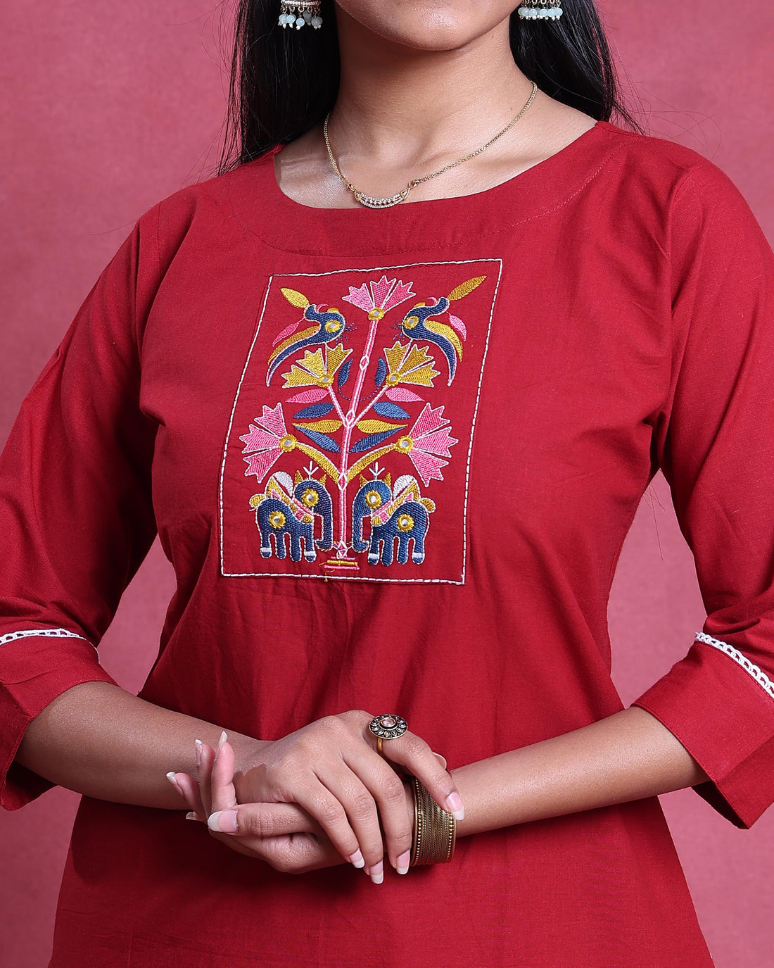 Women’s Elegant Straight Kurta Set with Intricate Embroidered Yoke 3/4th Sleeves and Comfortable Coordinated Pants, Red