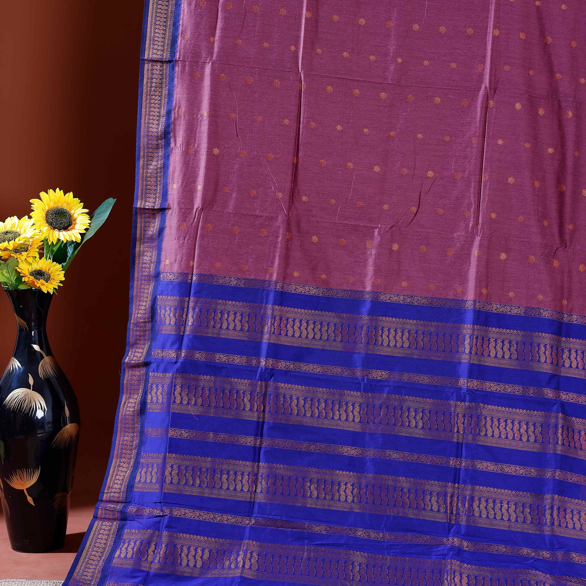 Handloom Kalyani Cotton Saree with Zari Woven Blue Border and All-over Buttas - Pink