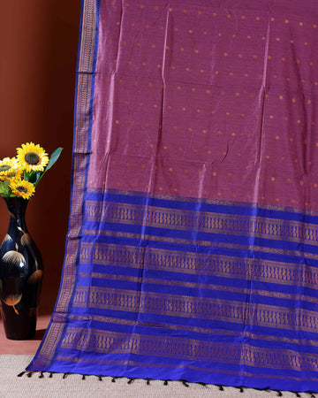 Handloom Kalyani Cotton Saree with Zari Woven Blue Border and All-over Buttas - Pink