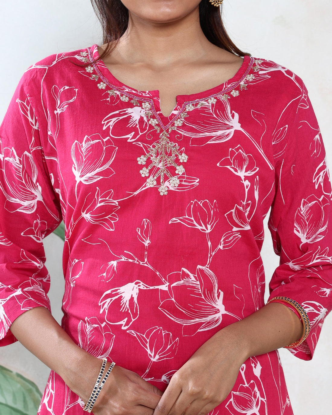 Women’s Floral Printed Readymade Salwar Suit Set with Straight Kurta Embroidered Neckline Coordinated Pants and Matching Dupatta, Pink
