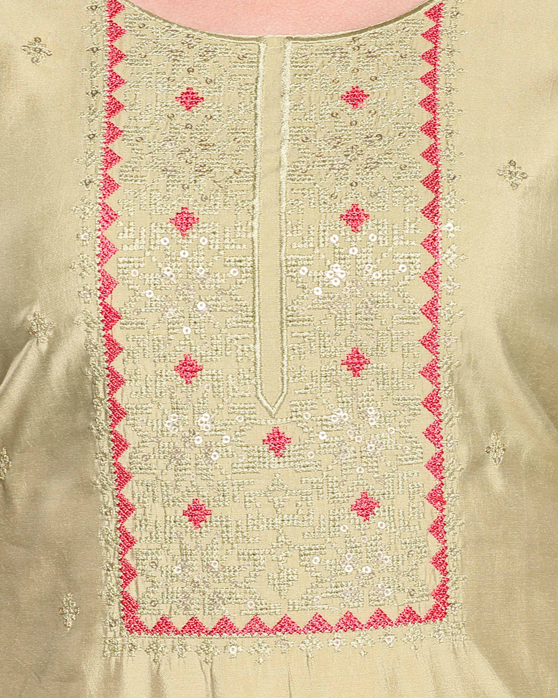 Women's Embroidered Silk Blend Kurta Palazzo Set  - Olive Green