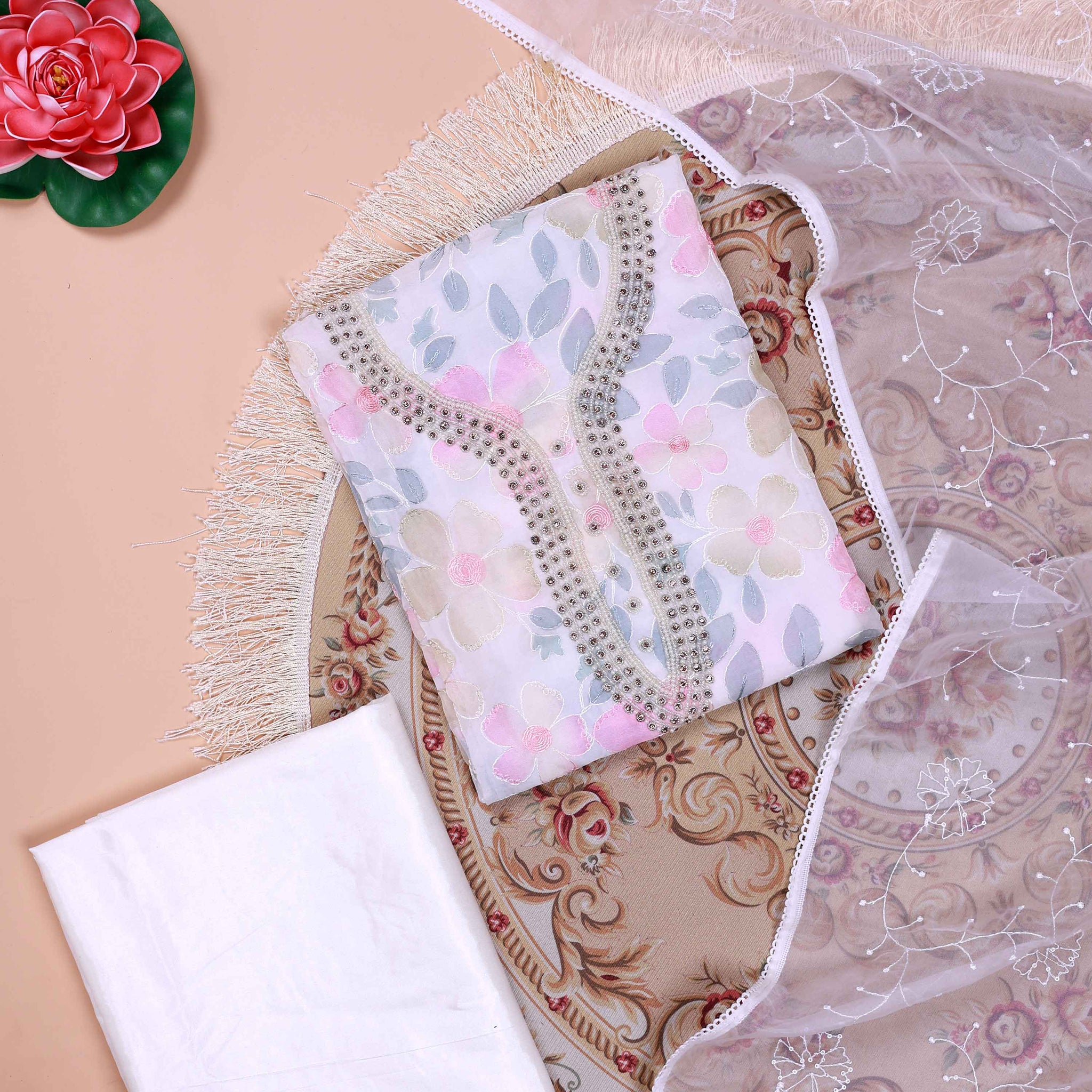 Women's Floral Embroidered Salwar Suit Material with Beaded Neckline and Net Dupatta - White