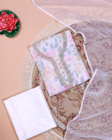 Women's Floral Embroidered Salwar Suit Material with Beaded Neckline and Net Dupatta - White
