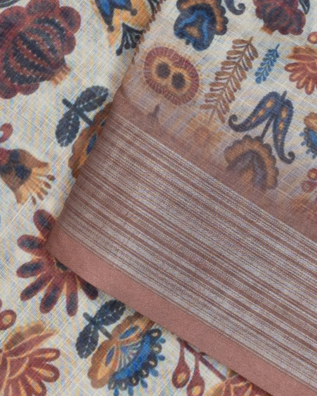 Cream Colour Printed Linen Cotton Saree