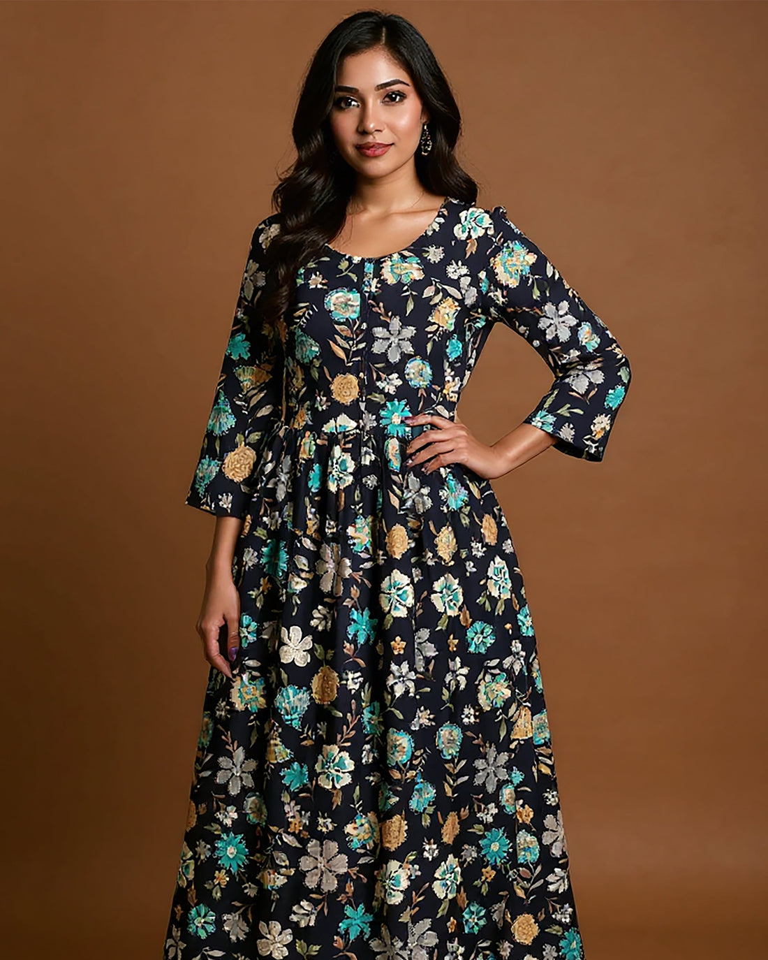 Maternity Wear - Elegant Navy Blue Floral Print Button-Down Women's Feeding Top